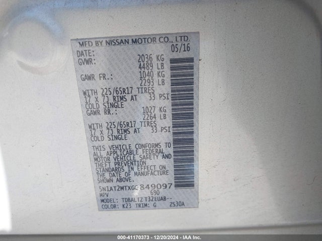 5N1AT2MTXGC849097 Nissan ROGUE SV
