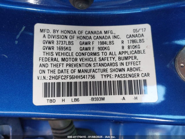 Honda Civic Lx 2017 2HGFC2F56HH541756 Image 9