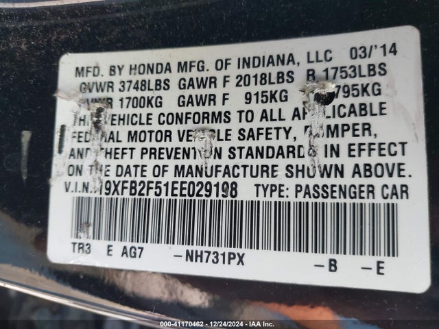 Honda Civic Lx 2014 19XFB2F51EE029198 Image 9