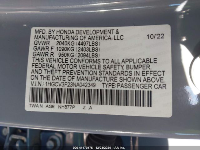 1HGCV3F23NA042349 Honda Accord Hybrid Sport