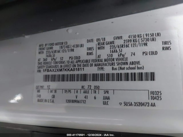 1FBAX2XM7KKA01811 Ford Transit-350 Xlt