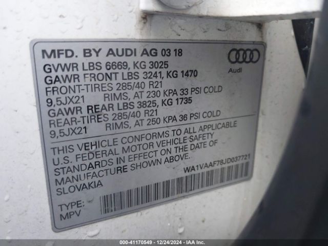 WA1VAAF78JD037721 Audi Q7 3.0t Premium
