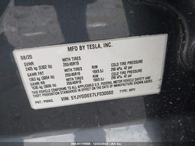 2020 TESLA MODEL Y 5YJYGDEE7LF030080 Photo 8