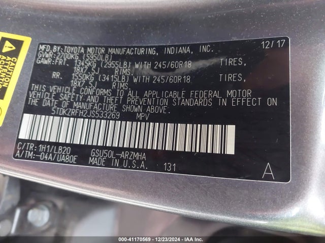 Toyota Highlander Xle 2018 5TDKZRFH2JS533269 Image 9