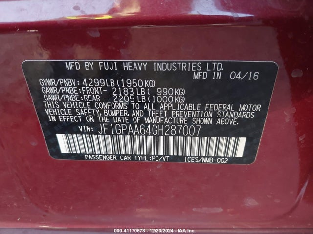 Subaru Impreza 2.0i 2016 JF1GPAA64GH287007 Image 9