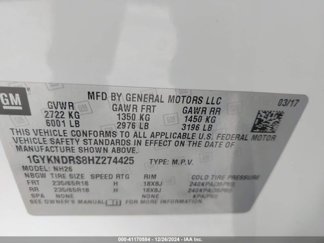 2017 CADILLAC XT5 1GYKNDRS8HZ274425 Photo 8