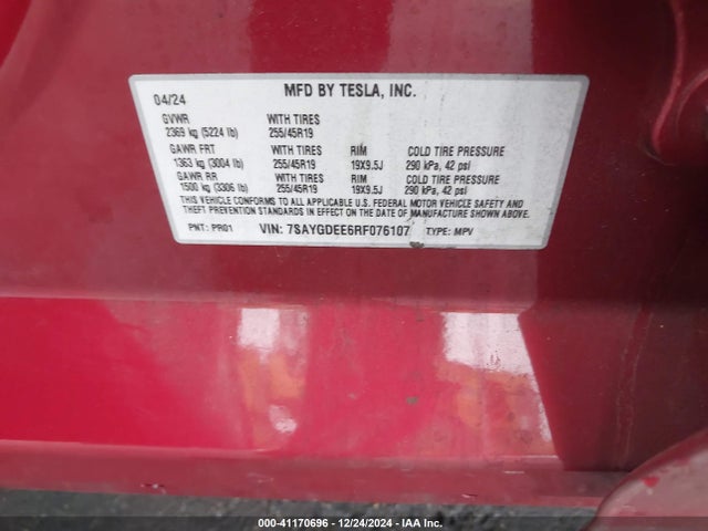 2024 TESLA MODEL Y 7SAYGDEE6RF076107 Photo 8