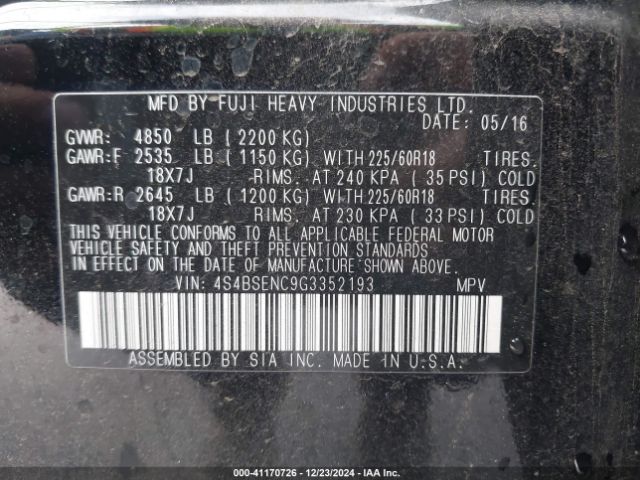 4S4BSENC9G3352193 Subaru Outback 3.6r Limited