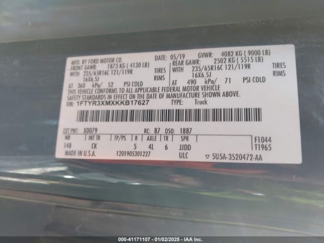 1FTYR3XMXKKB17627 Ford Transit-250
