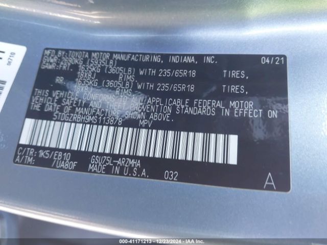 5TDGZRBH9MS113878 Toyota Highlander Xle