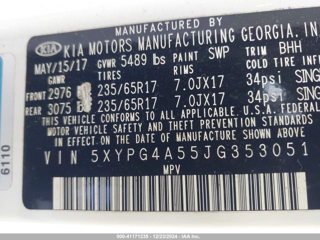 5XYPG4A55JG353051 KIA Sorento 3.3l Lx