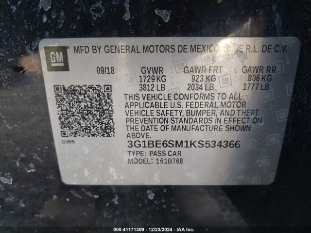 3G1BE6SM1KS534366 Chevrolet CRUZE LT