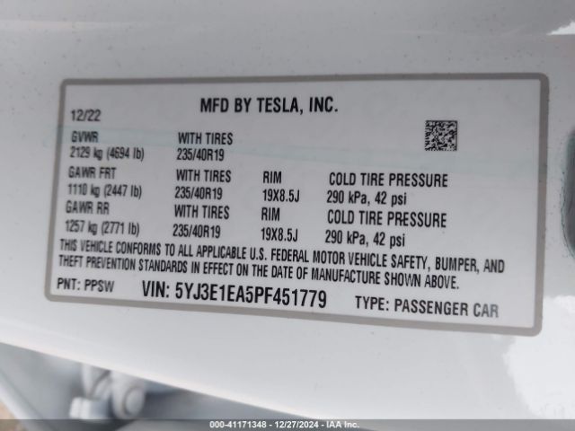 5YJ3E1EA5PF451779 Tesla Model 3 Rear-wheel Drive