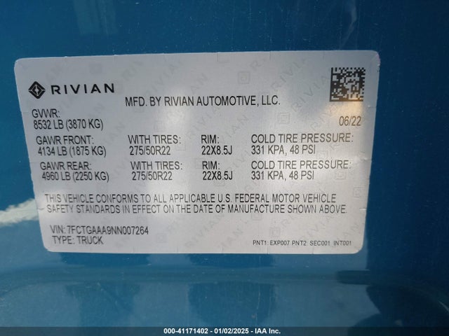 Rivian R1t Adventure 2022 7FCTGAAA9NN007264 Image 9