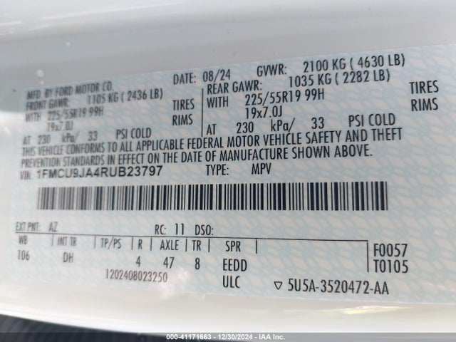 1FMCU9JA4RUB23797 Ford Escape Platinum