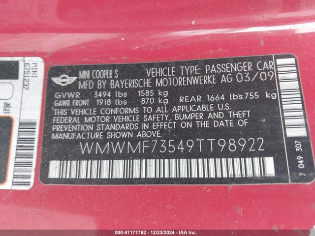 2009 MINI COOPER S WMWMF73549TT98922 Photo 8