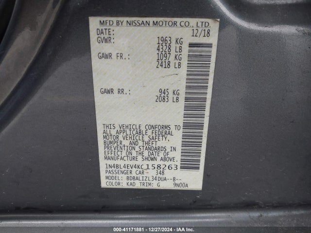 Nissan Altima 2.5 Sl 2019 1N4BL4EV4KC158263 Image 9
