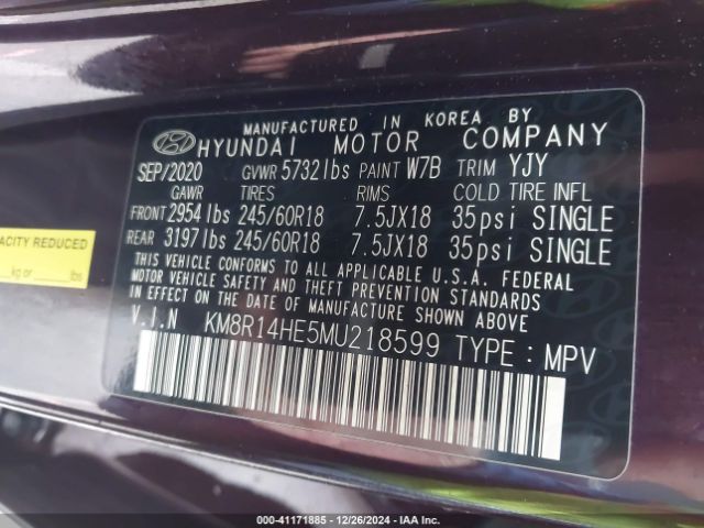 KM8R14HE5MU218599 Hyundai Palisade Se