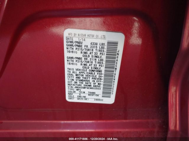 JN8AS5MT9EW602503 Nissan Rogue Select S