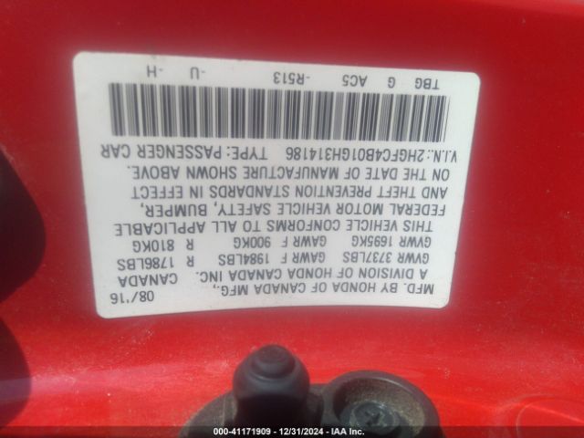 2HGFC4B01GH314186 Honda Civic Lx-p