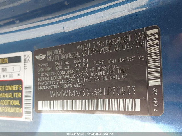 2008 MINI COOPER S CLUBMAN WMWMM33568TP70533 Photo 8