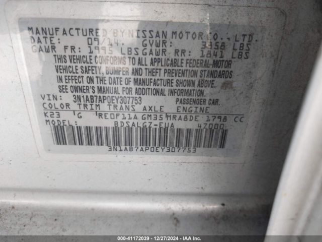 3N1AB7AP0EY307753 Nissan SENTRA SL