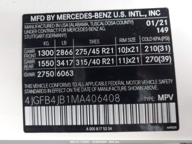 4JGFB4JB1MA406408 Mercedes-Benz GLE 350