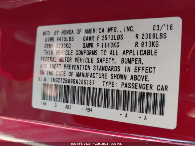 1HGCT2B89GA005187 Honda Accord Ex-l V-6