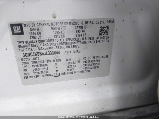 3GNCJKSB5JL333844 Chevrolet TRAX LS