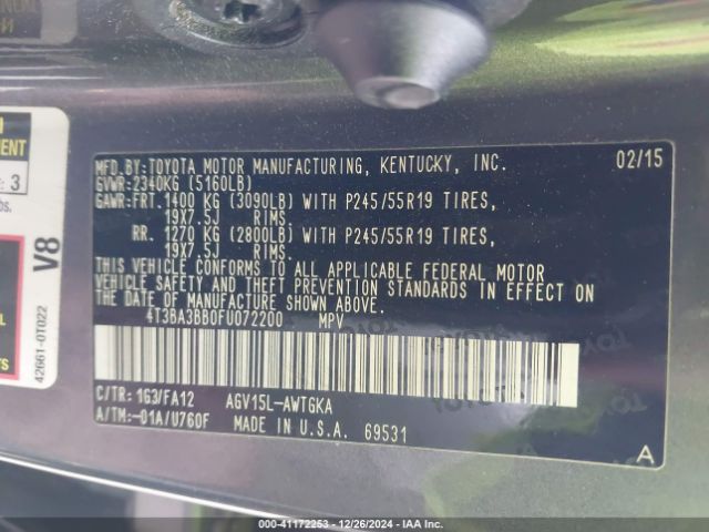 4T3BA3BB0FU072200 Toyota VENZA LE