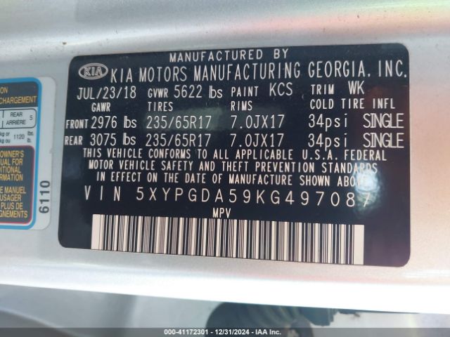 5XYPGDA59KG497087 KIA Sorento 3.3l Lx