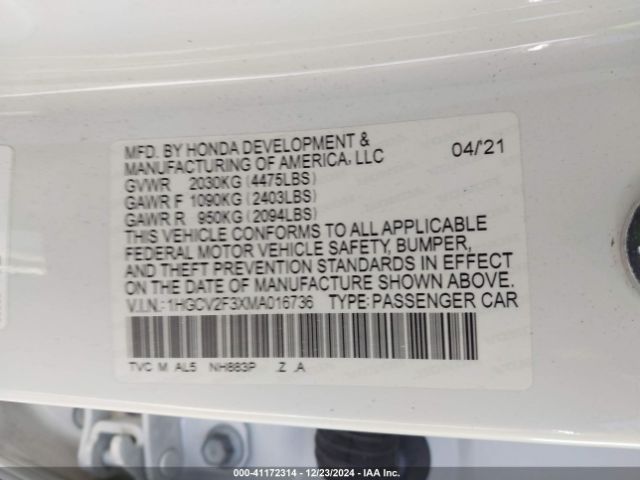 1HGCV2F3XMA016736 Honda Accord Sport 2.0t
