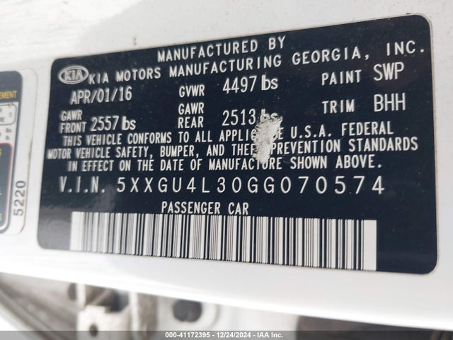 5XXGU4L30GG070574 KIA OPTIMA EX