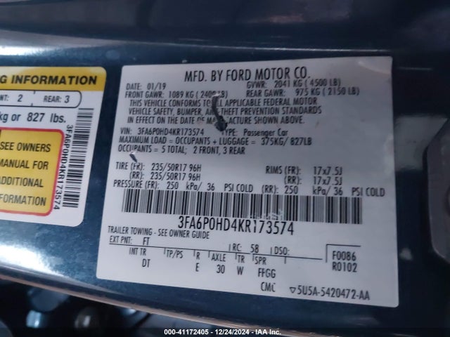 Ford FUSION SE 2019 3FA6P0HD4KR173574 Image 9
