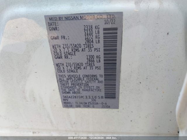 5N1AZ2BJ5PC111658 Nissan Murano Sv Fwd