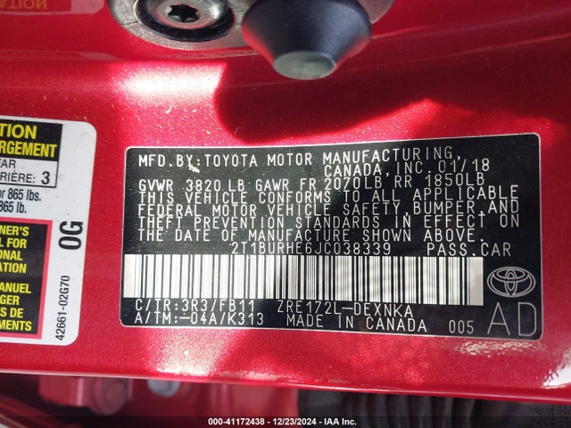 Toyota COROLLA LE 2018 2T1BURHE6JC038339 Image 9