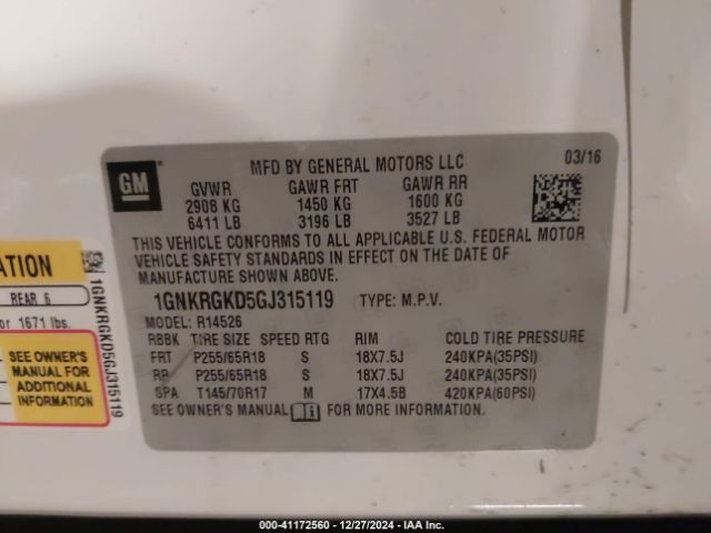 1GNKRGKD5GJ315119 Chevrolet Traverse 1lt