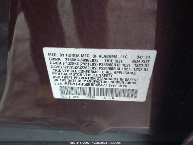 Honda Pilot Ex-l 2014 5FNYF4H58EB045477 Image 9