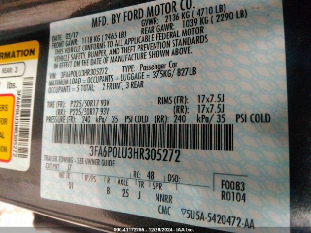 3FA6P0LU3HR305272 Ford Fusion Hybrid Se