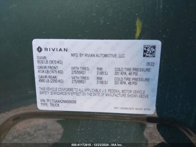 2022 RIVIAN R1T 7FCTGAAA2NN006098 Photo 8