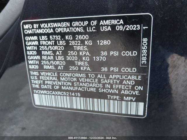 1V2WR2CAXRC521415 Volkswagen Atlas 2.0t Se W/technology