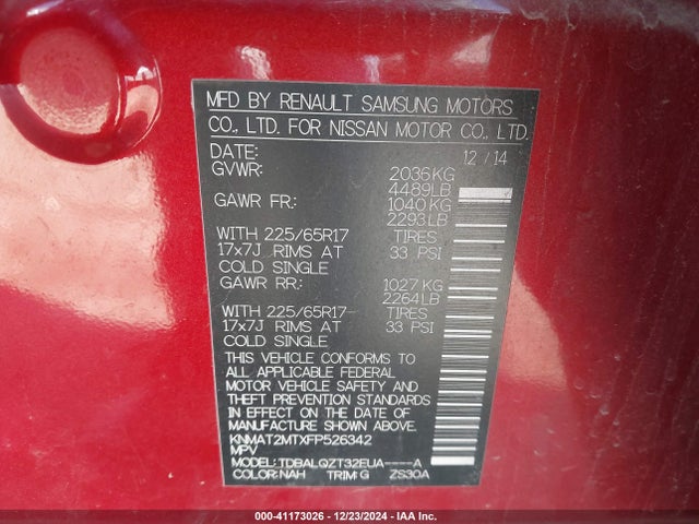 Nissan ROGUE SV 2015 KNMAT2MTXFP526342 Image 9