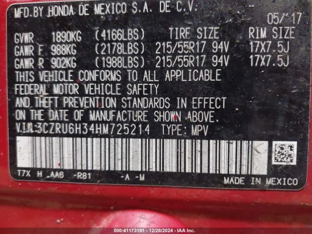 3CZRU6H34HM725214 Honda HR-V LX