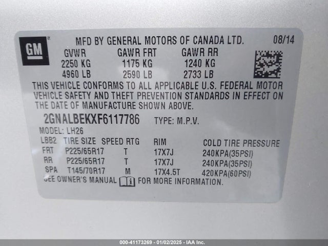 2GNALBEKXF6117786 Chevrolet EQUINOX 1LT
