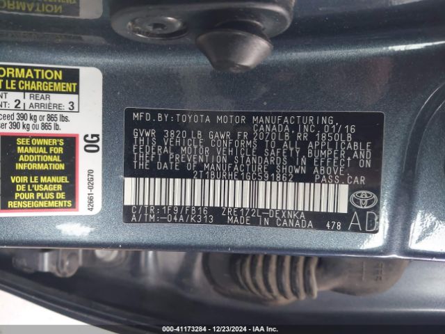 2T1BURHE1GC591862 Toyota COROLLA LE