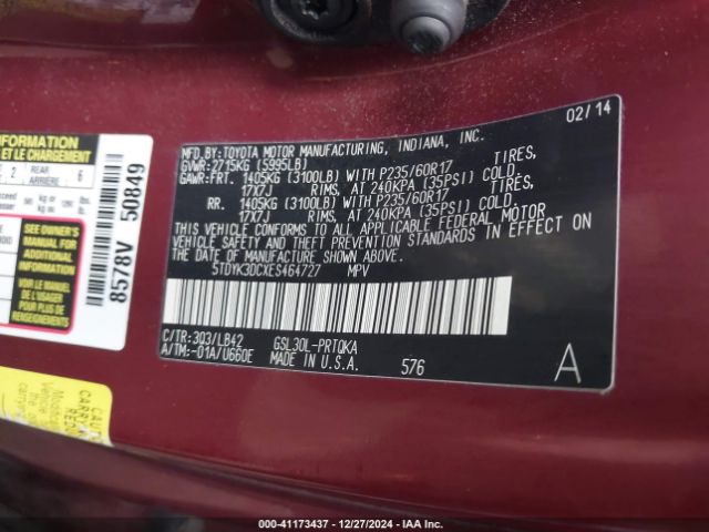 5TDYK3DCXES464727 Toyota Sienna Xle/limited