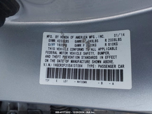 Honda ACCORD LX 2014 1HGCR2F31EA137094 Image 9
