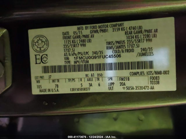 Ford ESCAPE SE 2015 1FMCU0G91FUC45506 Image 9