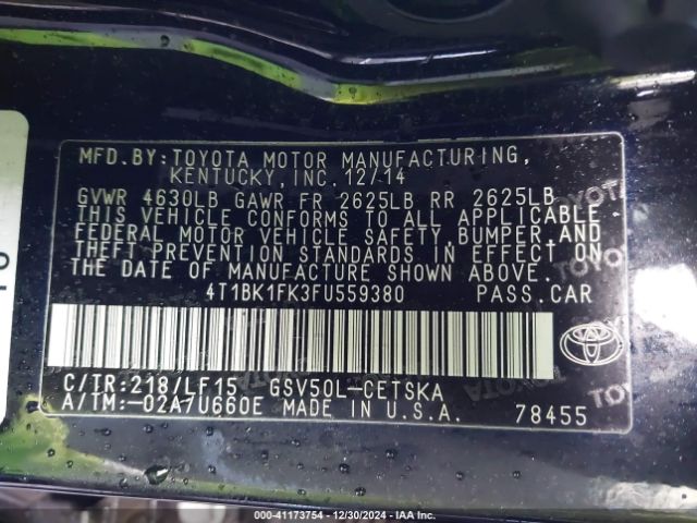 4T1BK1FK3FU559380 Toyota Camry Xse V6