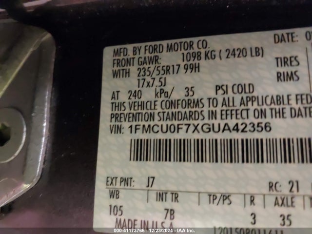 1FMCU0F7XGUA42356 Ford ESCAPE S